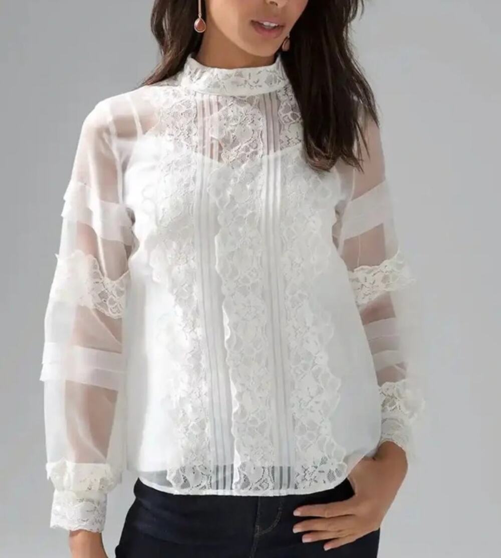 White House Black Market Sheer Organza Lace Blouse Size 4 Top Cottage Dainty